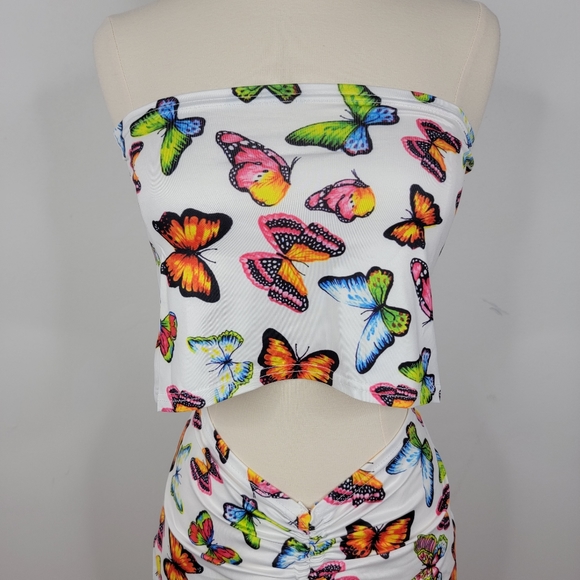 90s Y2K Retro Inspired 2-in-1 White Butterfly Stretchy Top and Skirt - Picture 5 of 7